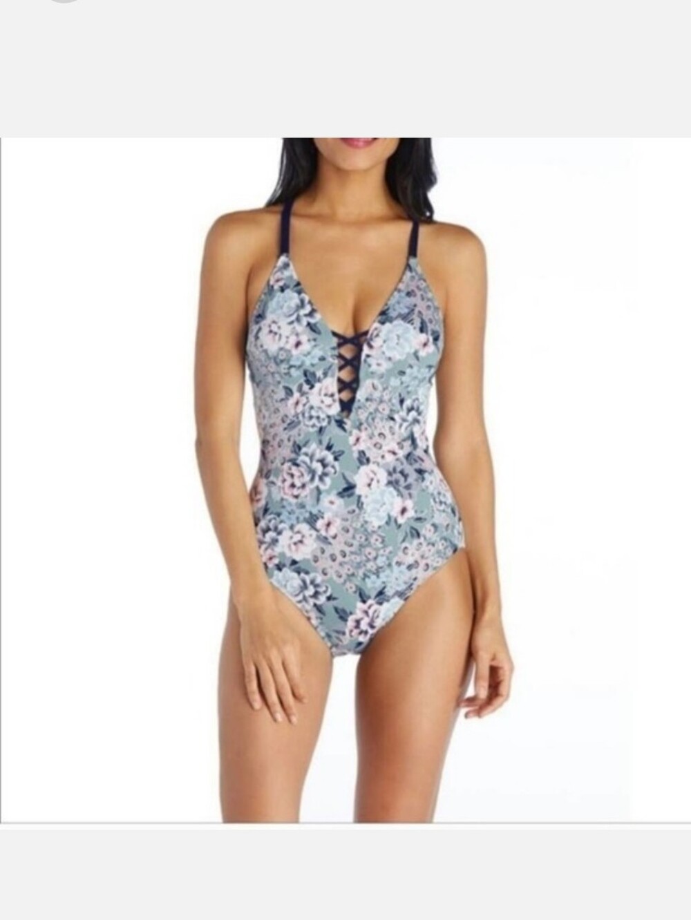 Ambrielle Floral Lace-Up One-Piece Swimsuit - Blue Floral Metallic